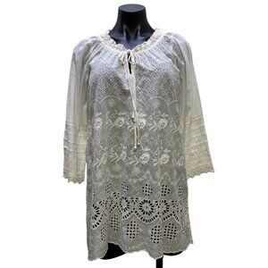 Johnny Was White Embroidered Tunic Blouse With Long Sleeves S